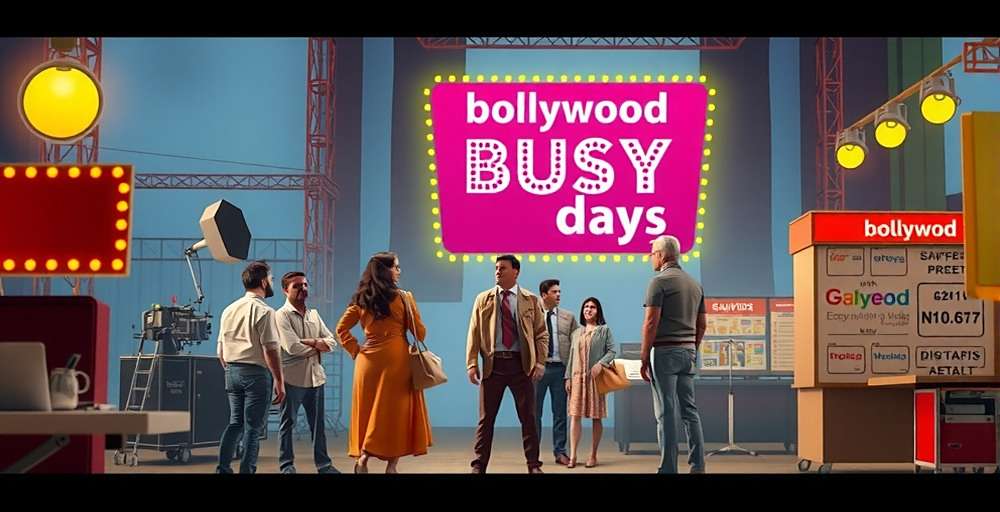 Bollywood Busy Days - International Co-Productions Concept art for upcoming Bollywood Busy Days international co-production feature showing a film set with Indian and Western actors working together